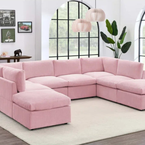 8 Seater Sofa: 8 - Piece Modern U-Shaped Corduroy Sectional(Pink Corduroy)