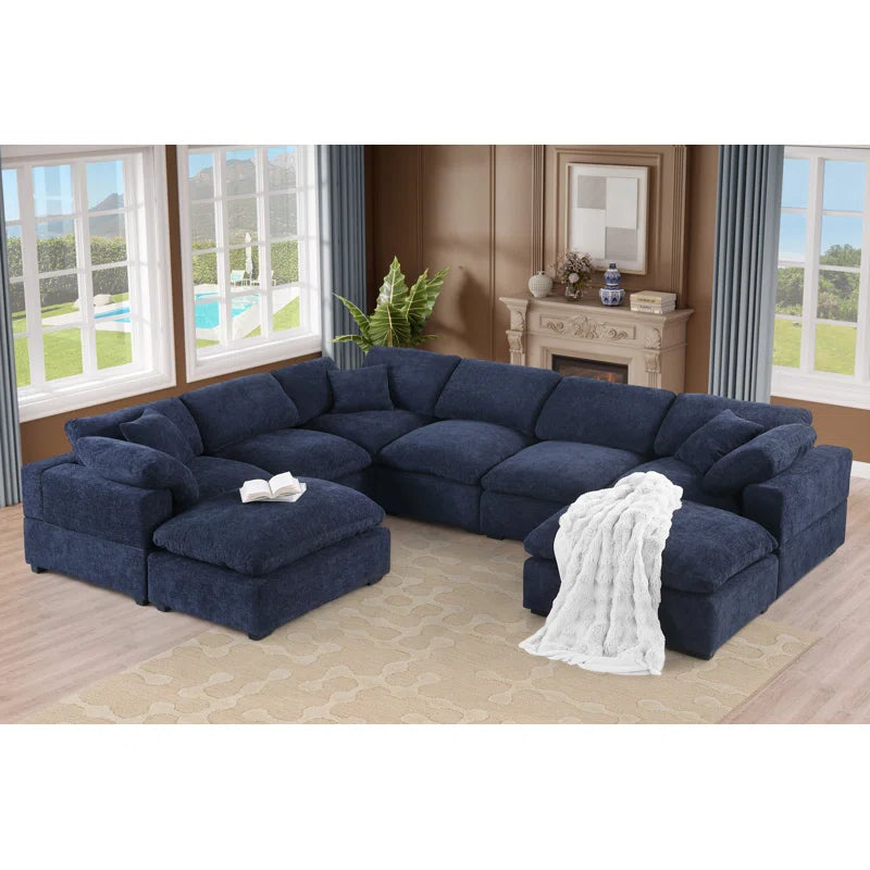 8 Seater Sofa: 143.2" Wide 8-Piece Modular Design Chenille Reversible Corner Sectional Sofa Couch(Dark Blue Chenille)