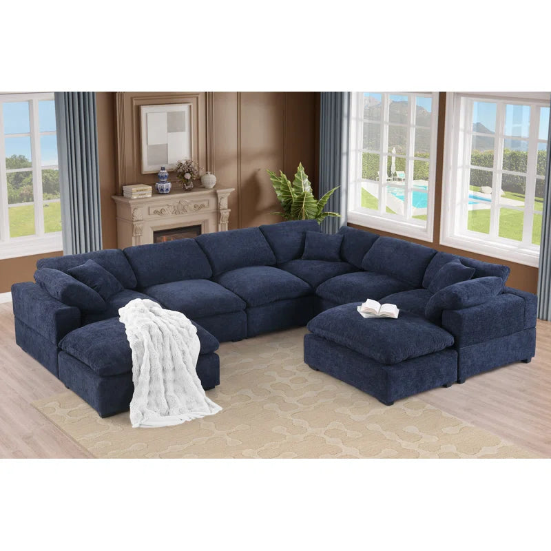 8 Seater Sofa: 143.2" Wide 8-Piece Modular Design Chenille Reversible Corner Sectional Sofa Couch(Dark Blue Chenille)