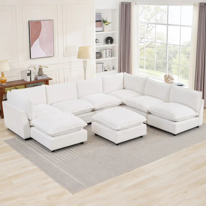 8 Seater Sofa: 138.29” W Oversized 8-Piece Sectional Composable Modular, Reversible Design Sofa(White Chenille)