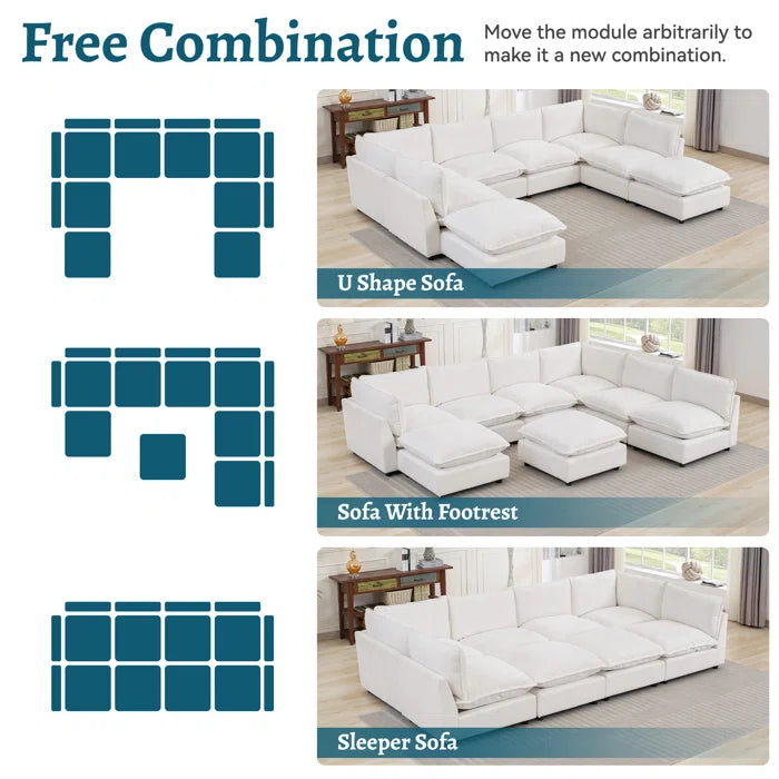 8 Seater Sofa: 138.29” W Oversized 8-Piece Sectional Composable Modular, Reversible Design Sofa(White Chenille)