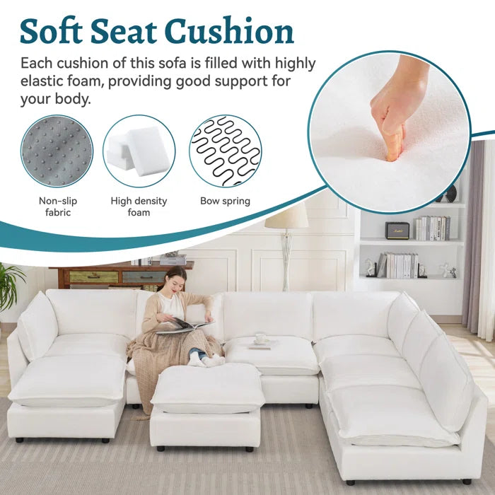 8 Seater Sofa: 138.29” W Oversized 8-Piece Sectional Composable Modular, Reversible Design Sofa(White Chenille)
