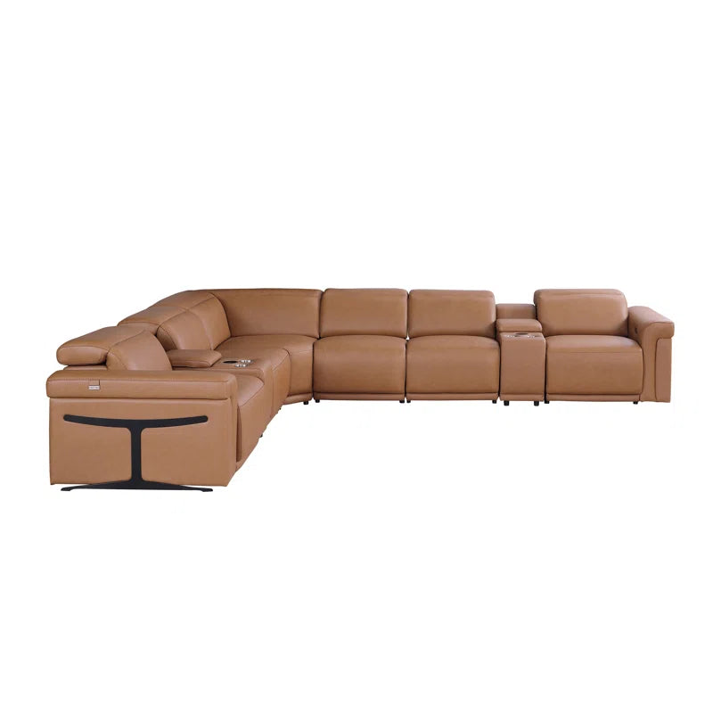 L-Shape Sectional Sofa: 8 - Piece Top Grain Italian Leather Power Reclining Sectional(Cognac Genuine Leather)