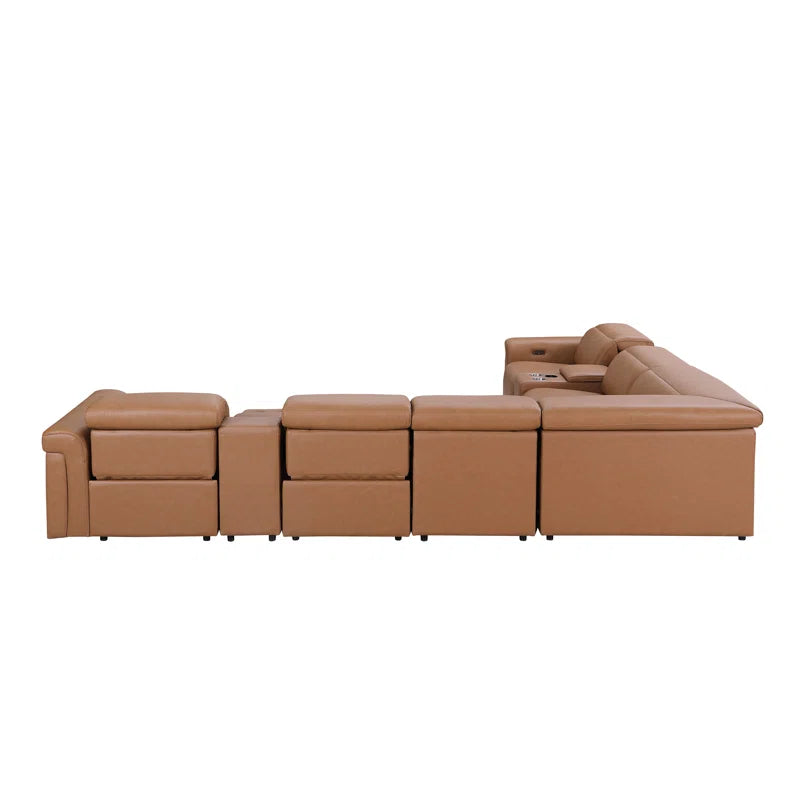 L-Shape Sectional Sofa: 8 - Piece Top Grain Italian Leather Power Reclining Sectional(Cognac Genuine Leather)