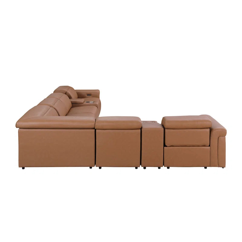 L-Shape Sectional Sofa: 8 - Piece Top Grain Italian Leather Power Reclining Sectional(Cognac Genuine Leather)
