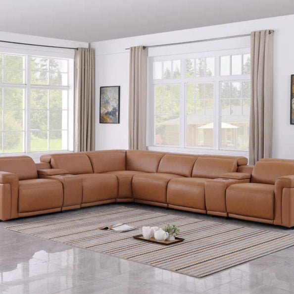L-Shape Sectional Sofa: 8 - Piece Top Grain Italian Leather Power Reclining Sectional(Cognac Genuine Leather)