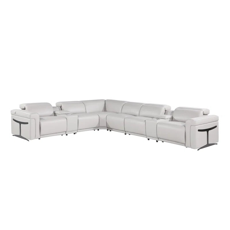 L-Shape Sectional Sofa: 8 - Piece Top Grain Italian Leather Power Reclining Sectional(Light Gray Genuine Leather)