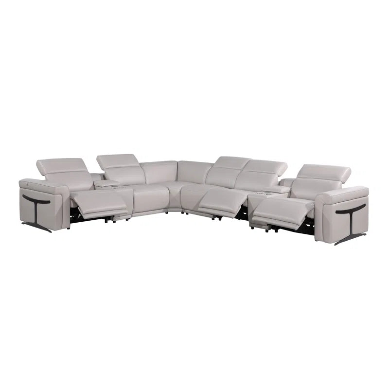 L-Shape Sectional Sofa: 8 - Piece Top Grain Italian Leather Power Reclining Sectional(Light Gray Genuine Leather)