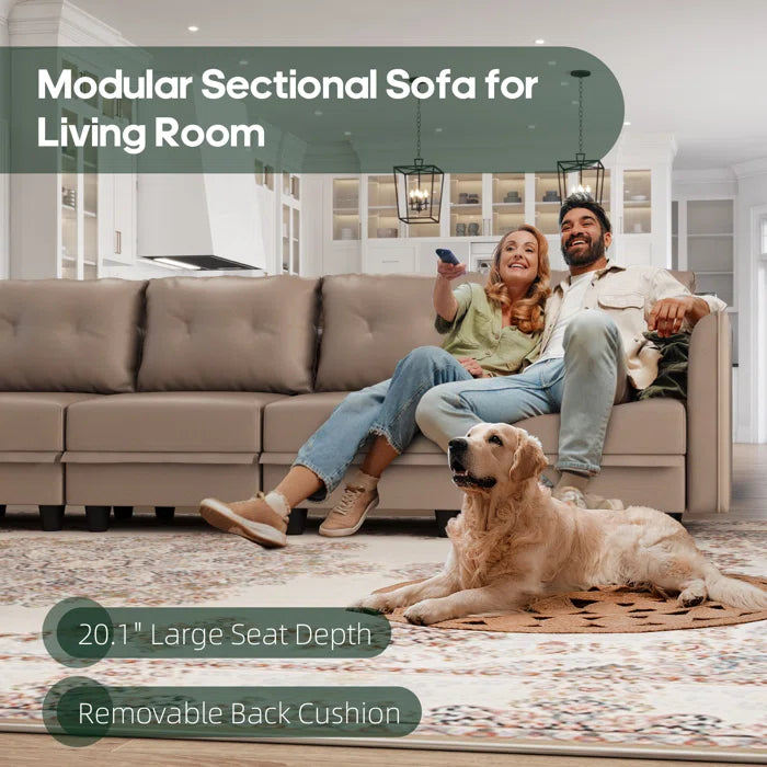 8 Seater Sofa: 8 - Piece Upholstery Modular Sectional Sofa Living Room Set with Storage Ottoman(Brown Polyester Blend)