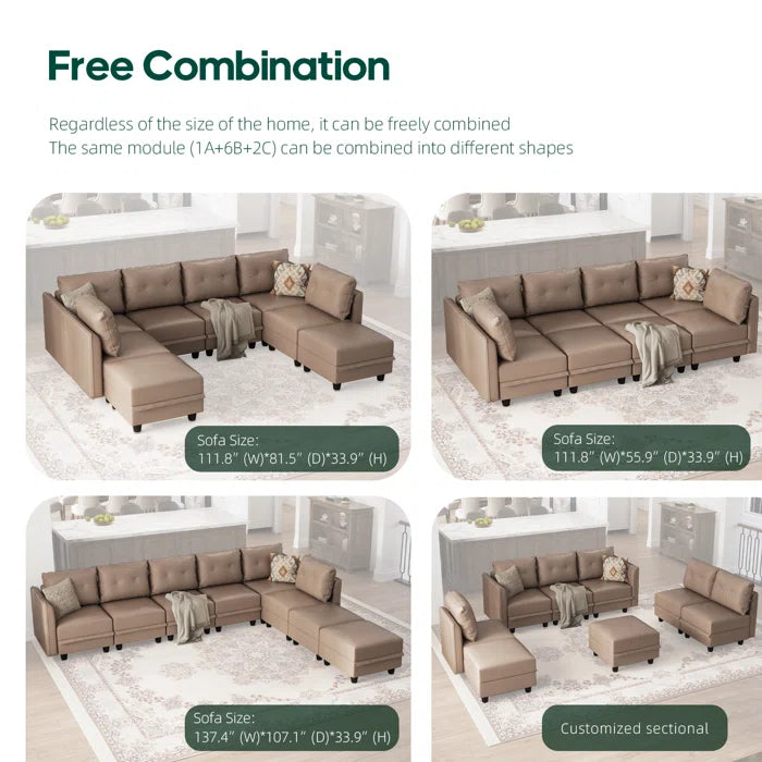 8 Seater Sofa: 8 - Piece Upholstery Modular Sectional Sofa Living Room Set with Storage Ottoman(Brown Polyester Blend)