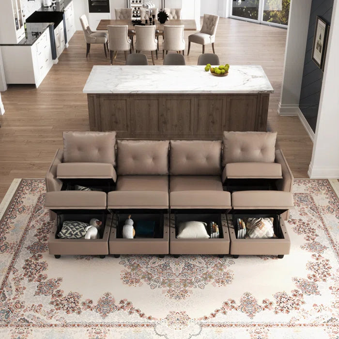 8 Seater Sofa: 8 - Piece Upholstery Modular Sectional Sofa Living Room Set with Storage Ottoman(Brown Polyester Blend)