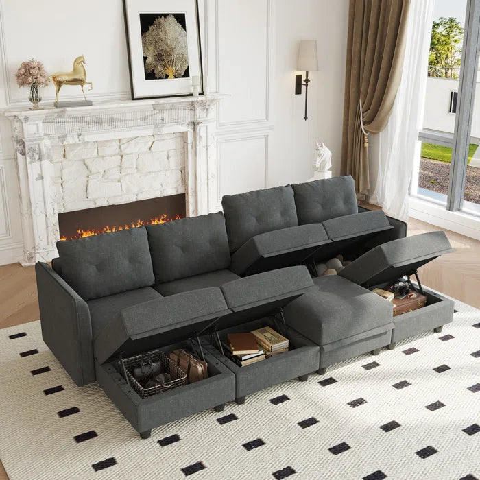U-Shape Sectional Sofa: 8 - Piece Upholstered Modular Sectional Sofa with Storage Ottoman(Black Polyester Blend)