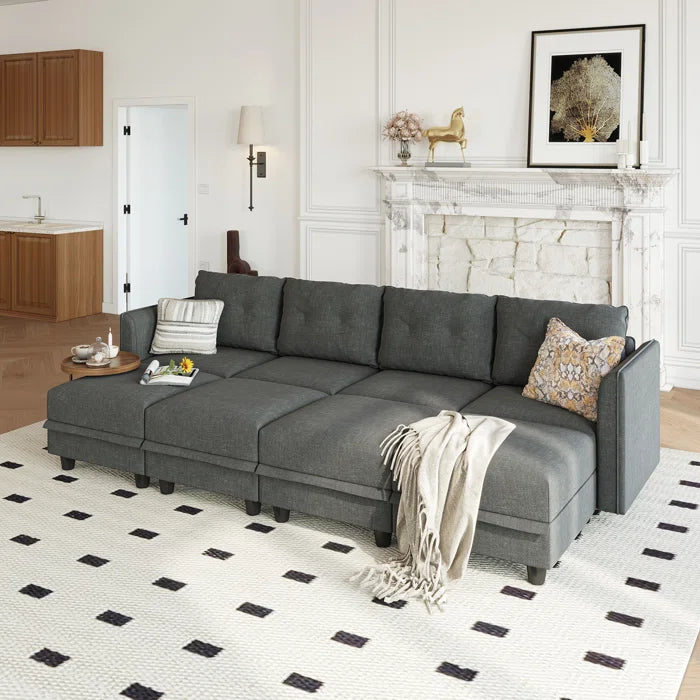 U-Shape Sectional Sofa: 8 - Piece Upholstered Modular Sectional Sofa with Storage Ottoman(Black Polyester Blend)
