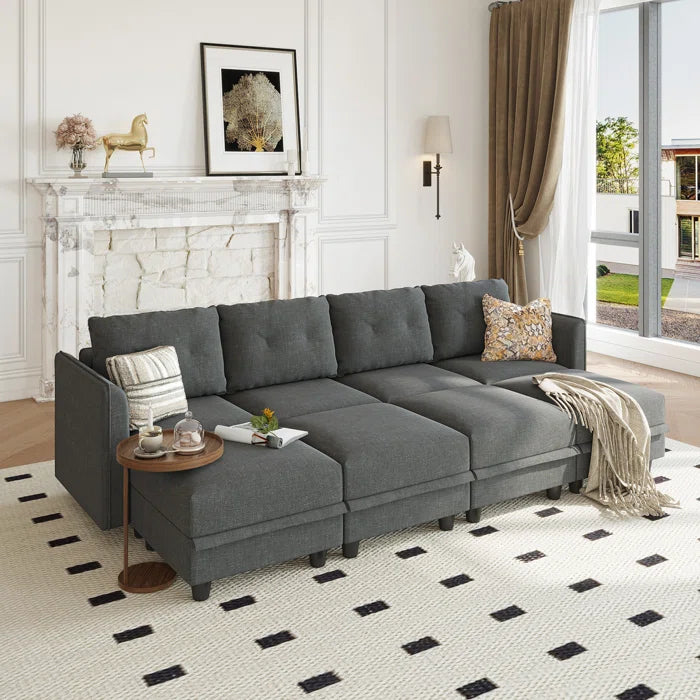 U-Shape Sectional Sofa: 8 - Piece Upholstered Modular Sectional Sofa with Storage Ottoman(Black Polyester Blend)