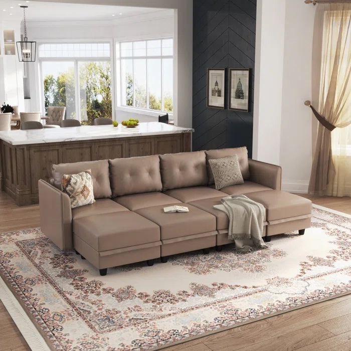 U-Shape Sectional Sofa: 8 - Piece Upholstered Modular Sectional Sofa with Storage Ottoman(Brown Polyester Blend)