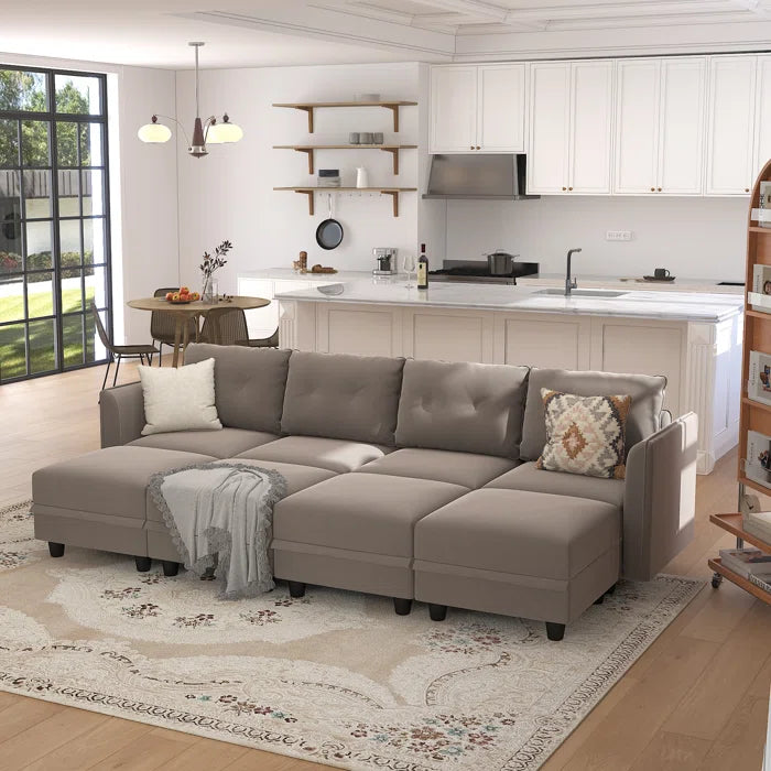 U-Shape Sectional Sofa: 8 - Piece Upholstered Modular Sectional Sofa with Storage Ottoman(Camel Polyester Blend)
