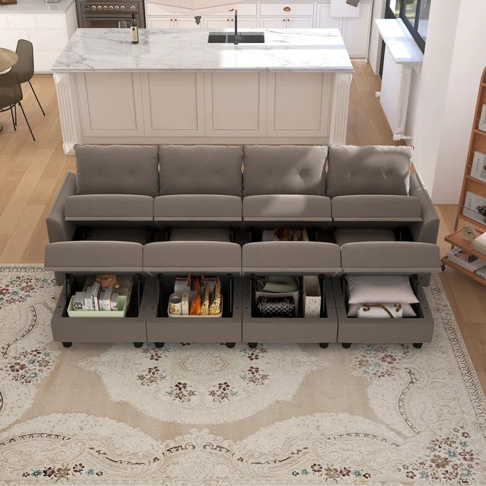 U-Shape Sectional Sofa: 8 - Piece Upholstered Modular Sectional Sofa with Storage Ottoman(Camel Polyester Blend)