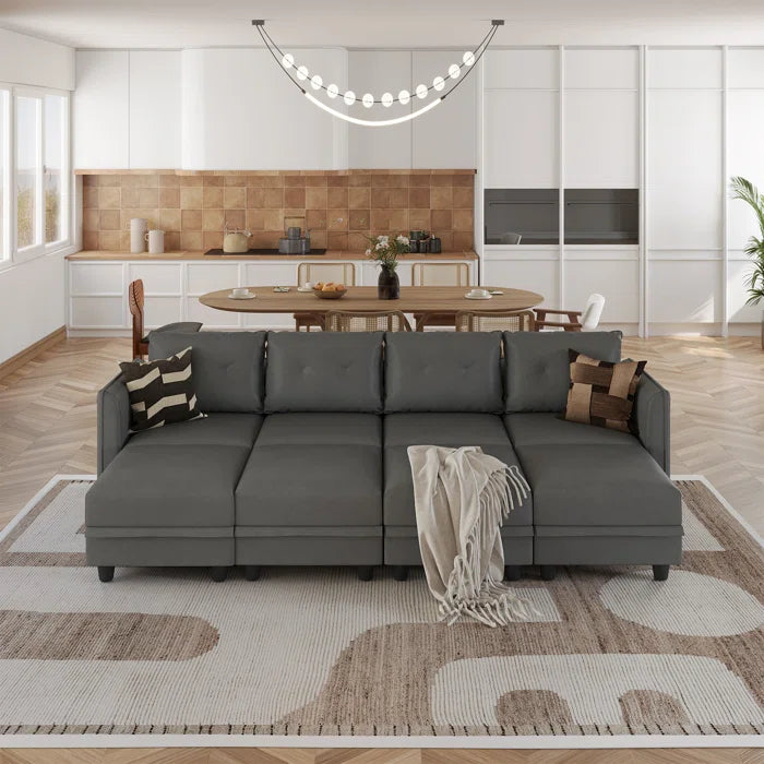 U-Shape Sectional Sofa: 8 - Piece Upholstered Modular Sectional Sofa with Storage Ottoman(Gray Polyester Blend)