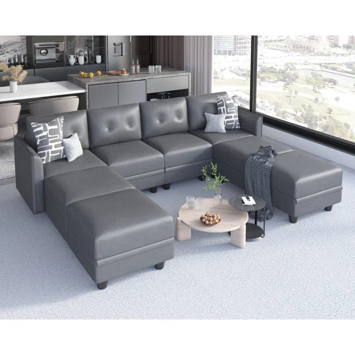 U-Shape Sectional Sofa: 8 - Piece Upholstered Modular Sectional Sofa with Storage Ottoman(Gray Polyester Blend)