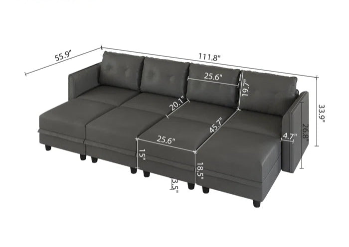 U-Shape Sectional Sofa: 8 - Piece Upholstered Modular Sectional Sofa with Storage Ottoman(Gray Polyester Blend)