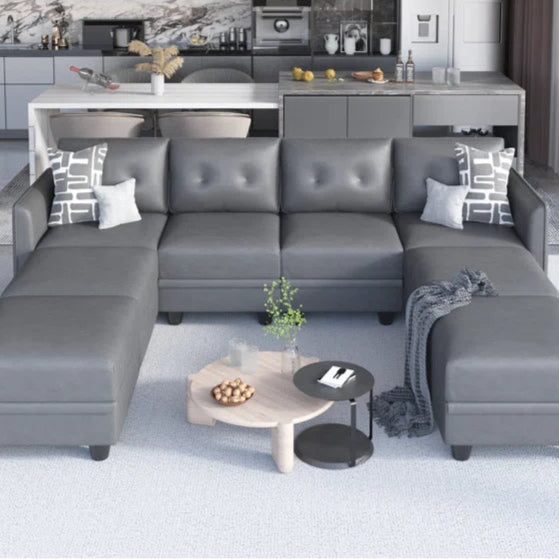 U-Shape Sectional Sofa: 8 - Piece Upholstered Modular Sectional Sofa with Storage Ottoman(Gray Polyester Blend)