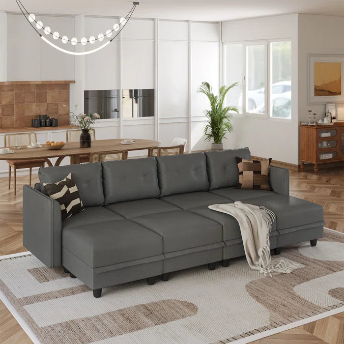 U-Shape Sectional Sofa: 8 - Piece Upholstered Modular Sectional Sofa with Storage Ottoman(Gray Polyester Blend)