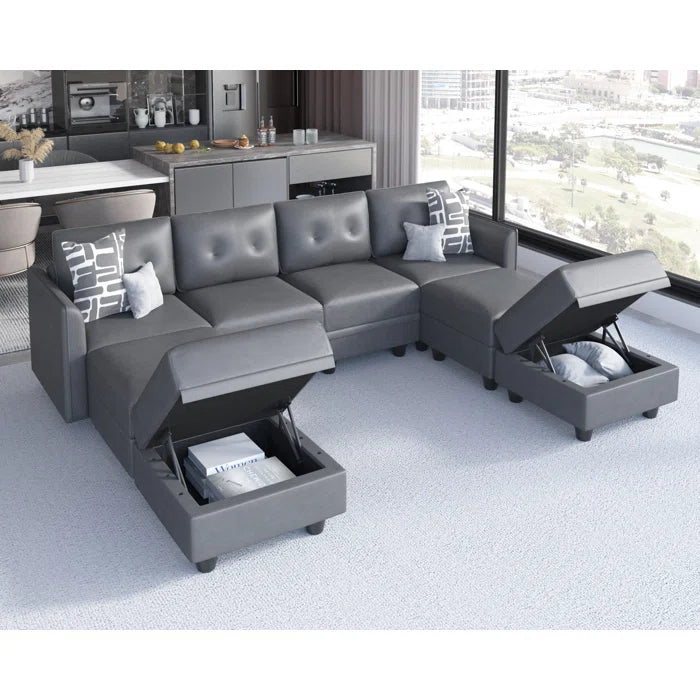 U-Shape Sectional Sofa: 8 - Piece Upholstered Modular Sectional Sofa with Storage Ottoman(Gray Polyester Blend)