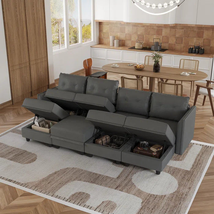 U-Shape Sectional Sofa: 8 - Piece Upholstered Modular Sectional Sofa with Storage Ottoman(Gray Polyester Blend)