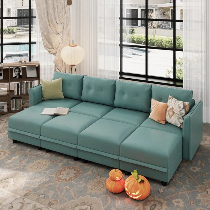 U-Shape Sectional Sofa: 8 - Piece Upholstered Modular Sectional Sofa with Storage Ottoman(Green Polyester Blend)