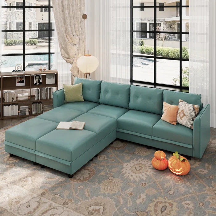 U-Shape Sectional Sofa: 8 - Piece Upholstered Modular Sectional Sofa with Storage Ottoman(Green Polyester Blend)