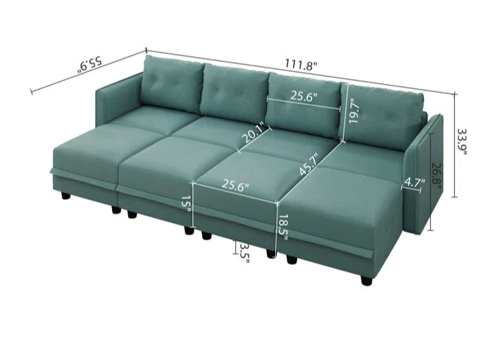 U-Shape Sectional Sofa: 8 - Piece Upholstered Modular Sectional Sofa with Storage Ottoman(Green Polyester Blend)