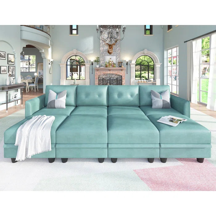 U-Shape Sectional Sofa: 8 - Piece Upholstered Modular Sectional Sofa with Storage Ottoman(Green Polyester Blend)