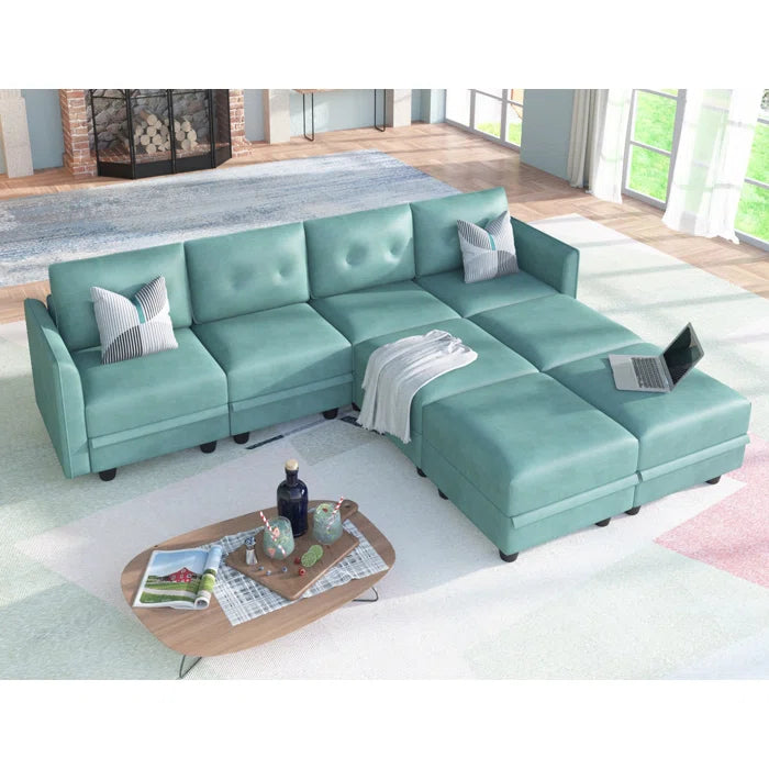 U-Shape Sectional Sofa: 8 - Piece Upholstered Modular Sectional Sofa with Storage Ottoman(Green Polyester Blend)