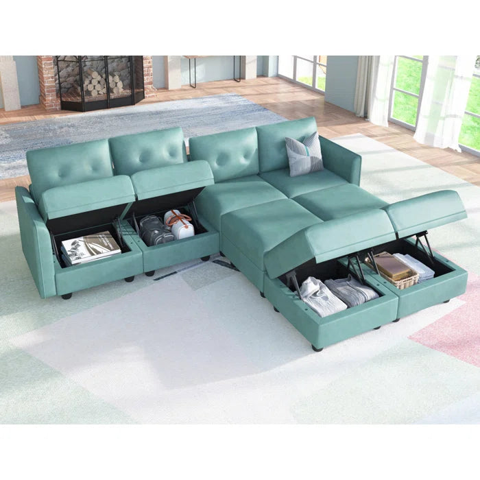 U-Shape Sectional Sofa: 8 - Piece Upholstered Modular Sectional Sofa with Storage Ottoman(Green Polyester Blend)