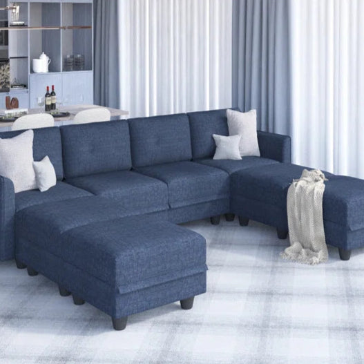 U-Shape Sectional Sofa: 8 - Piece Upholstered Modular Sectional Sofa with Storage Ottoman(Navy Blue Polyester Blend)