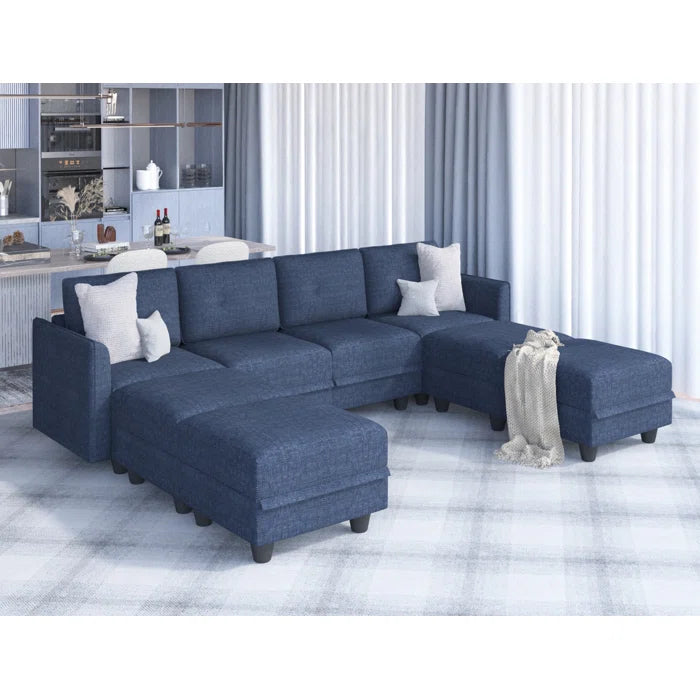 U-Shape Sectional Sofa: 8 - Piece Upholstered Modular Sectional Sofa with Storage Ottoman(Navy Blue Polyester Blend)