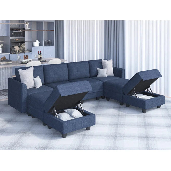 U-Shape Sectional Sofa: 8 - Piece Upholstered Modular Sectional Sofa with Storage Ottoman(Navy Blue Polyester Blend)