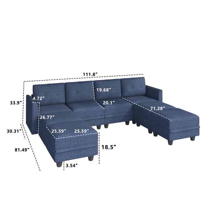 U-Shape Sectional Sofa: 8 - Piece Upholstered Modular Sectional Sofa with Storage Ottoman(Navy Blue Polyester Blend)