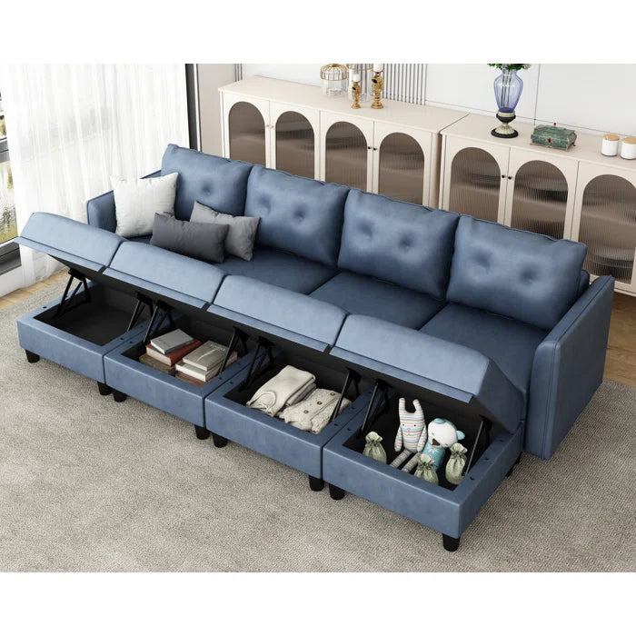 U-Shape Sectional Sofa: 8 - Piece Upholstered Modular Sectional Sofa with Storage Ottoman(Sky Blue Polyester Blend)