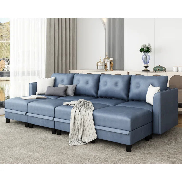 U-Shape Sectional Sofa: 8 - Piece Upholstered Modular Sectional Sofa with Storage Ottoman(Sky Blue Polyester Blend)