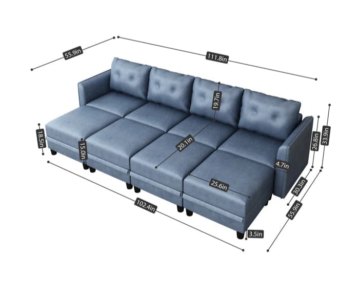 U-Shape Sectional Sofa: 8 - Piece Upholstered Modular Sectional Sofa with Storage Ottoman(Sky Blue Polyester Blend)