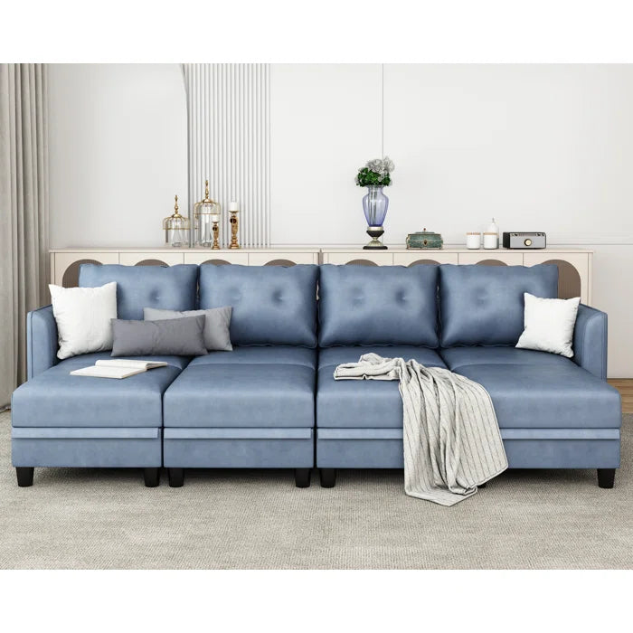 U-Shape Sectional Sofa: 8 - Piece Upholstered Modular Sectional Sofa with Storage Ottoman(Sky Blue Polyester Blend)