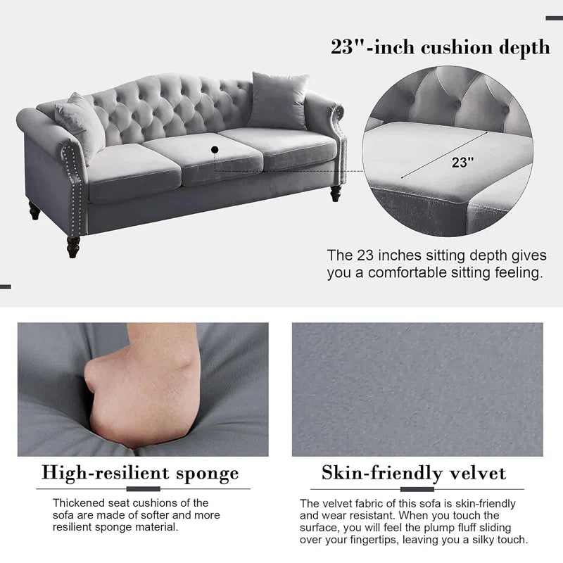 THE CASA ORO® 2 - Piece Upholstered Tufted 3 Seater Chesterfield Sofa Set(Gray Velvet)