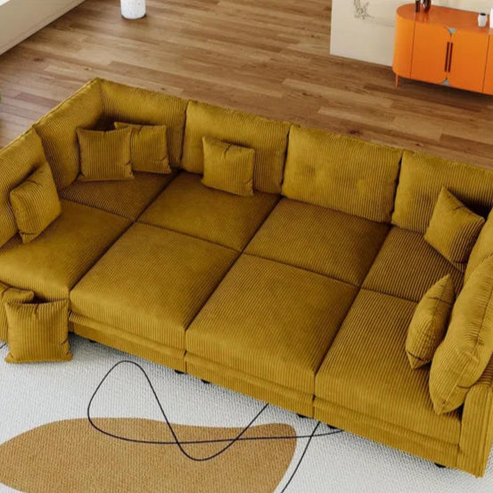 8 Seater Sofa: 8 Seat Corduroy Convertible Modular Sectional Sleeper With Storage(Yellow Corduroy)