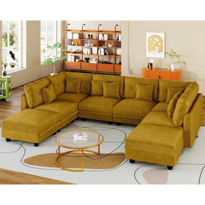 8 Seater Sofa: 8 Seat Corduroy Convertible Modular Sectional Sleeper With Storage(Yellow Corduroy)