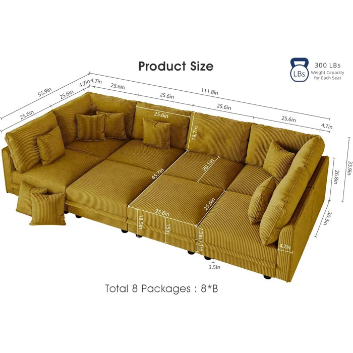 8 Seater Sofa: 8 Seat Corduroy Convertible Modular Sectional Sleeper With Storage(Yellow Corduroy)