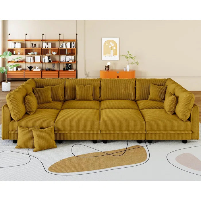 8 Seater Sofa: 8 Seat Corduroy Convertible Modular Sectional Sleeper With Storage(Yellow Corduroy)