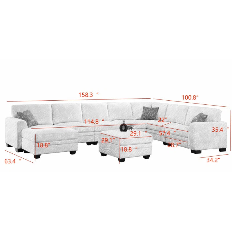 U-Shape Sectional Sofa: 9 - Piece Upholstered Sectional(Beige Corduroy)