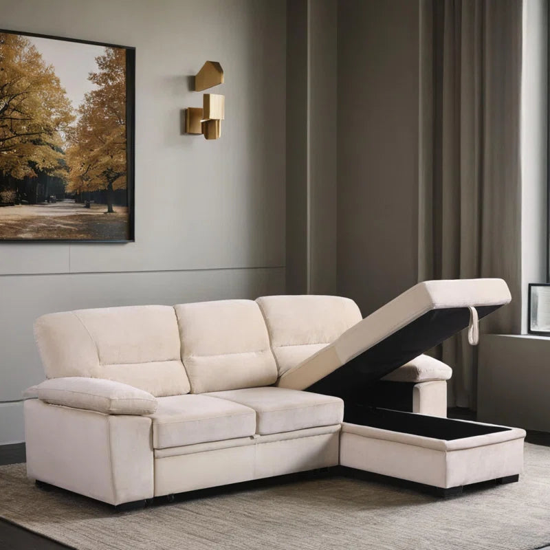 L-Shape Sectional Sofa: 98" Velvet Reversible Sleeper Sectional Sofa Bed with Chaise(Beige Velvet)