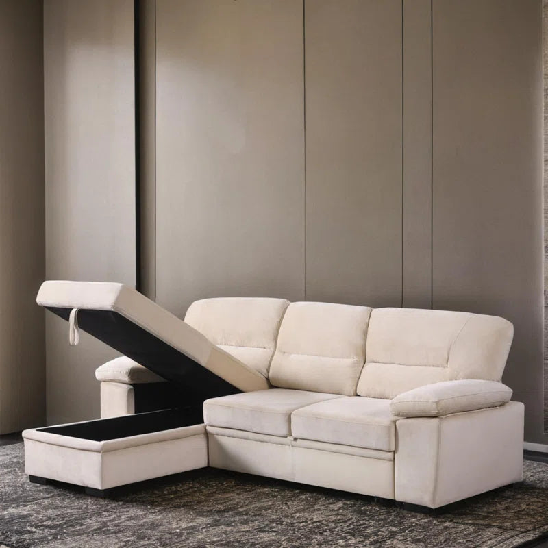 L-Shape Sectional Sofa: 98" Velvet Reversible Sleeper Sectional Sofa Bed with Chaise(Beige Velvet)